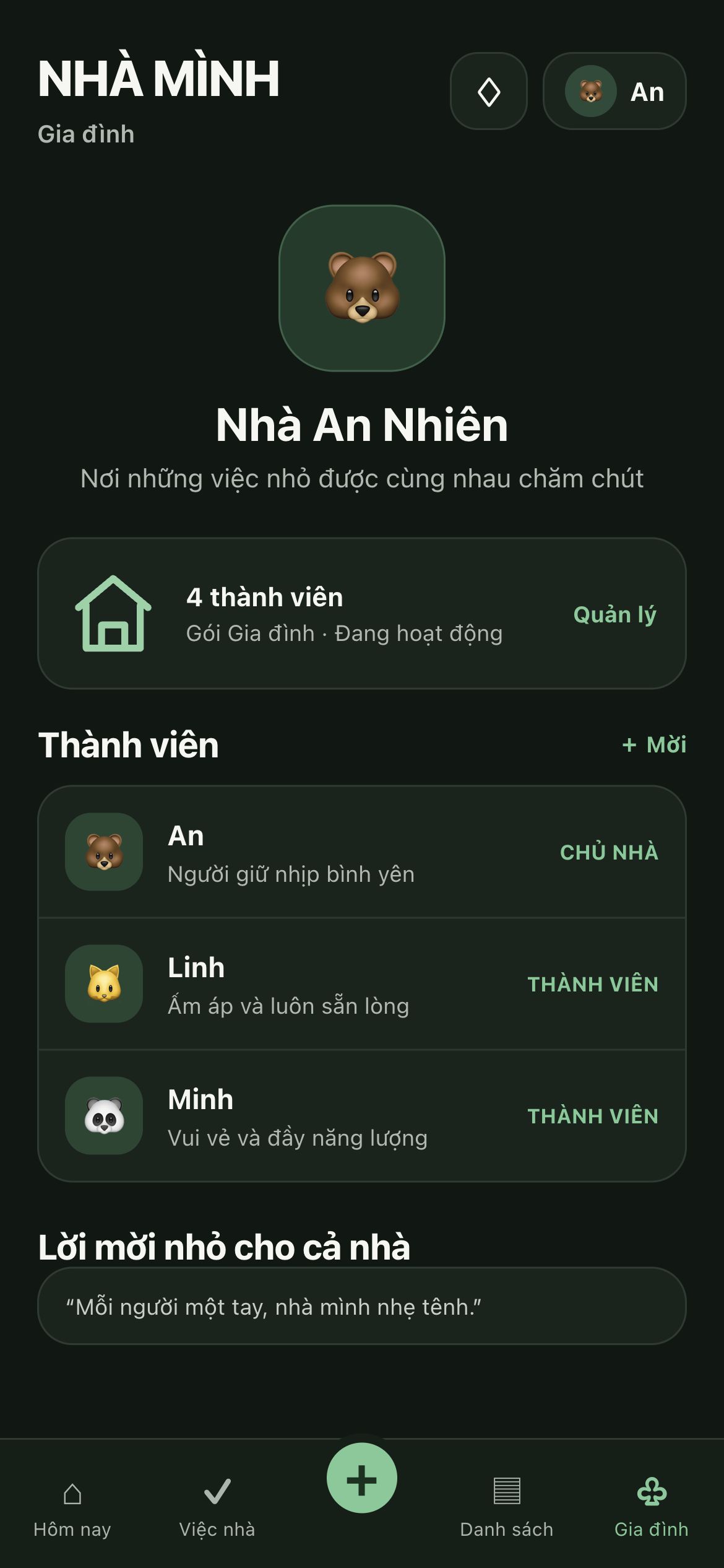Màn hình gia đình trong ứng dụng Nhà Mình