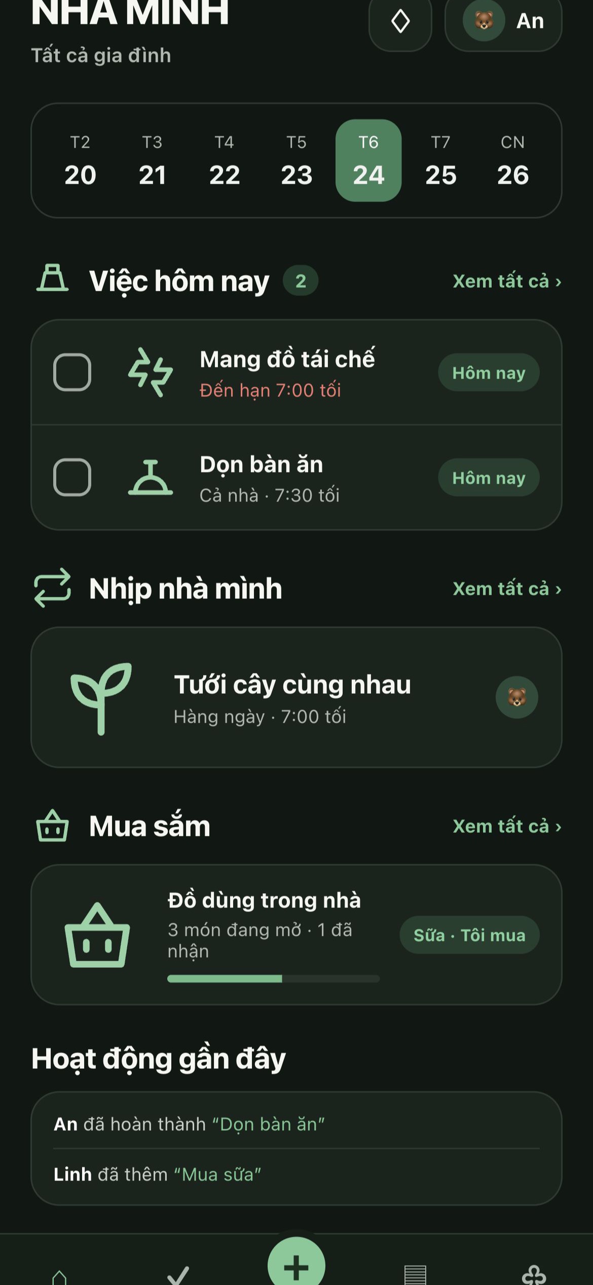 Màn hình hôm nay của ứng dụng Nhà Mình