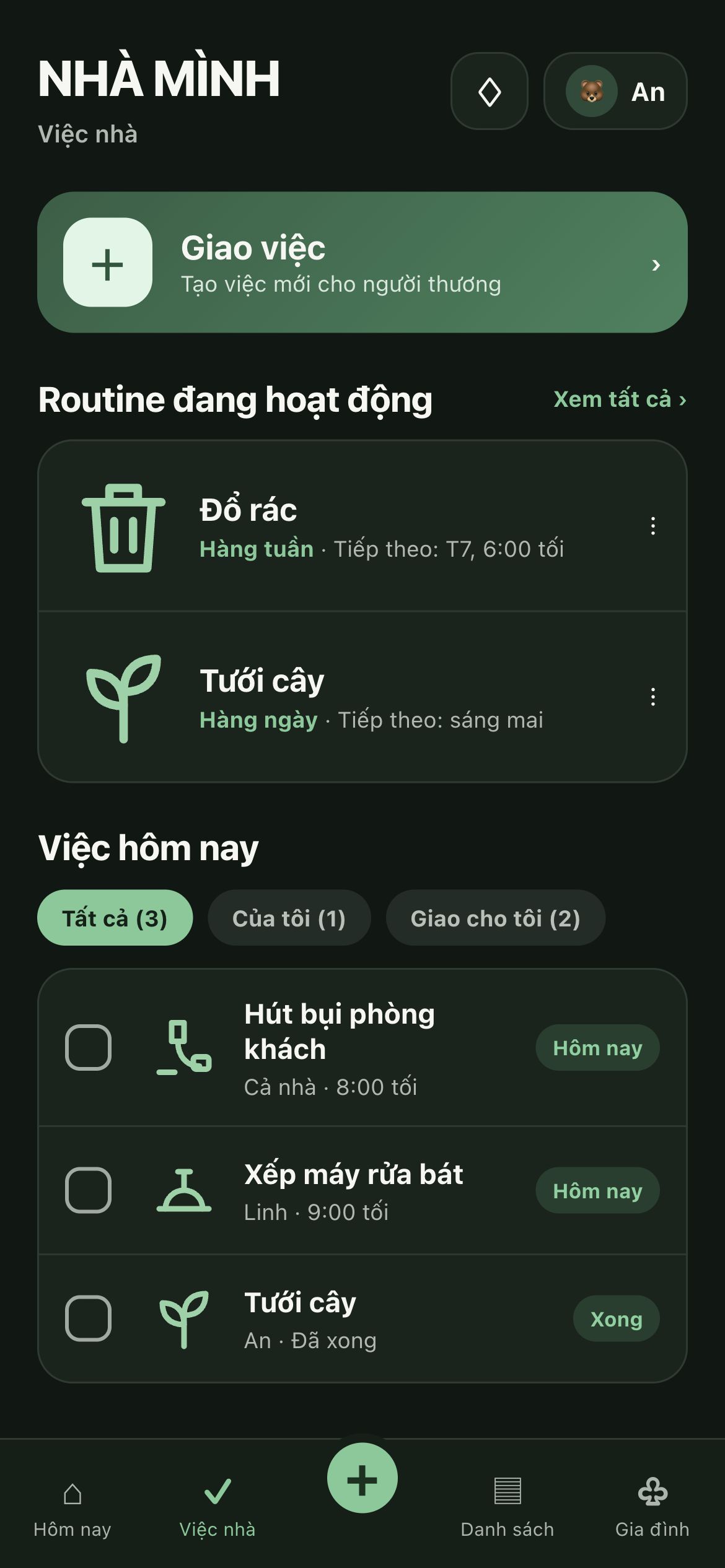 Màn hình việc nhà và routines